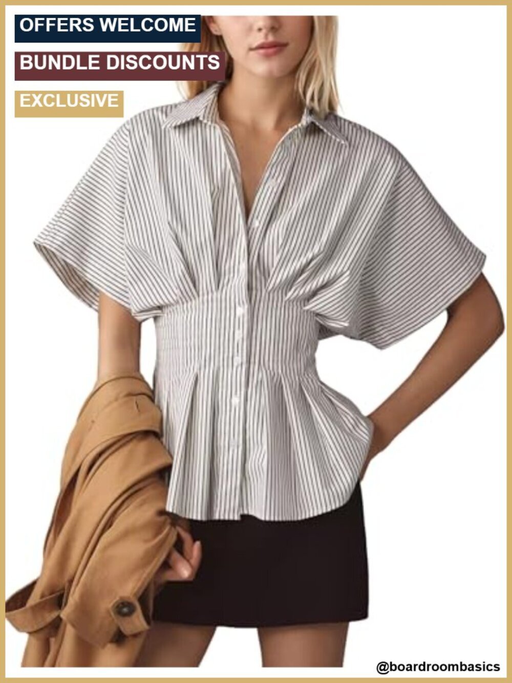 Striped Button Down Blouse Peplum Top Short Sleeve Business Work Tops
